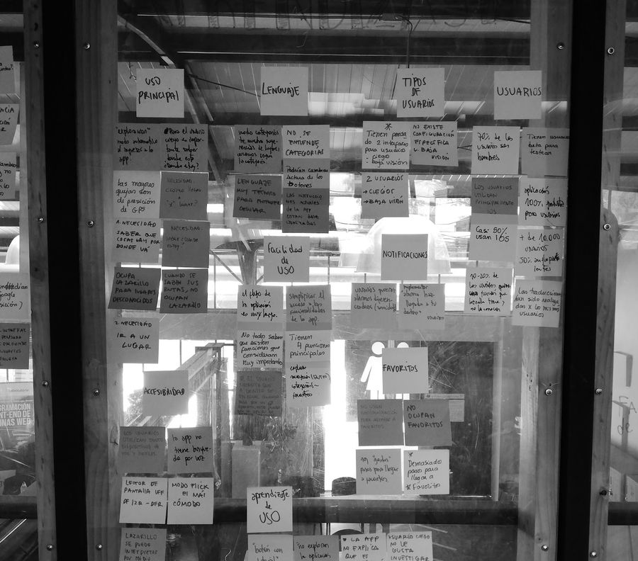 Un ventanal cubierto de post-its agrupados bajo encabezados escritos a mano.